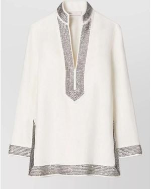 Tory Burch Crystal Embellished Tunic Beachwear Knee Length - White