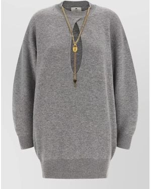 Elisabetta Franchi Cashmere Wool Ribbed Knee-Length Long-Sleeve Knit Dress - Grey