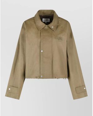 MM6 by Maison Margiela Cotton Jacket Boxy Collar Cropped Frayed Hem - Natural