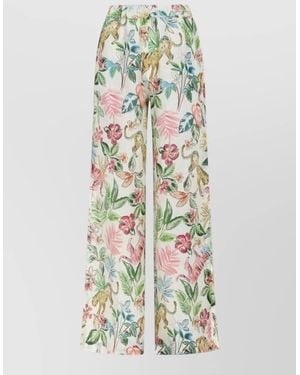 120% Lino Linen Trousers Floral Print Wide Leg - White