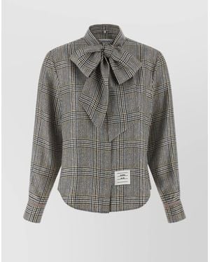 Thom Browne Long Sleeve Shirt With Curved Hem And Bow - Gray