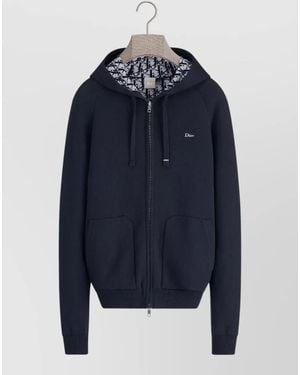 Dior Hooded Knit Top Drawstring Pockets Ribbed Trim - Blue