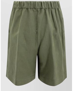 Whyci Linen Bermuda Shorts Elastic Waist Pleats - Green