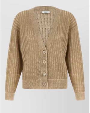 Peserico Lamé Cardigan Long Sleeves V Neck Ribbed - Natural