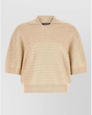 Jacquemus Chevron Knit Polo Short Sleeves Ribbed Trims - Natural