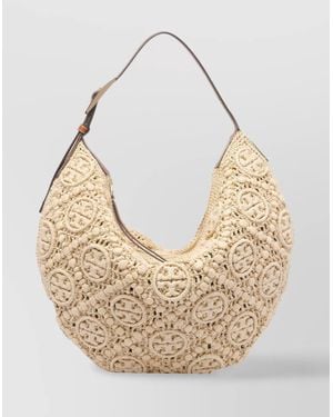 Tory Burch Raffia Monogram Balloon Crochet Shoulder Bag - Natural