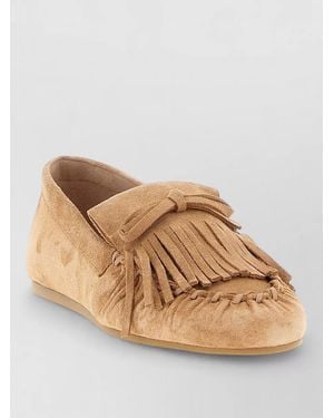 Stuart Weitzman Fringe Suede Loafers Round Toe Bow - Brown