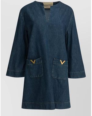 Valentino Denim Kaftan V-Neck Kimono-Sleeve Knee-Length Dress - Blue
