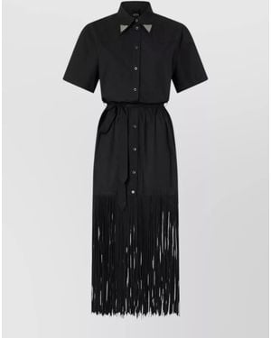 Pinko Cotton Poplin Shirt-Collar Fringe Midi Dress - Black