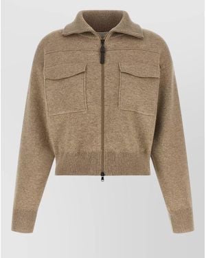 Brunello Cucinelli Wool Cardigan Cropped High Neck Zipper - Natural