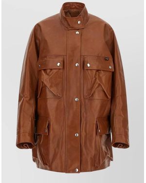 Prada Leather Caban Coat Front Pockets Long Sleeves - Brown