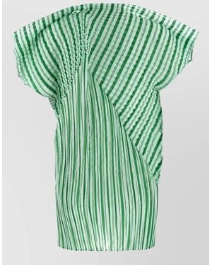Issey Miyake Striped Pleated High Neck Short Sleeve Blouse - Green