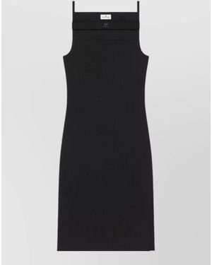 Courreges Knee Length Ribbed Slit Silk Nylon Dress - Black
