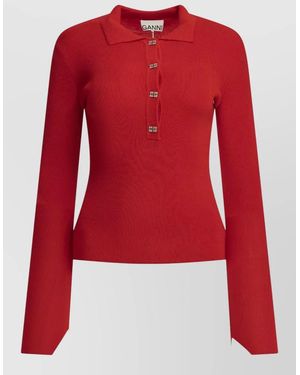 Ganni Merino Wool Slim-Fit Polo Top - Red
