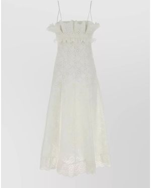 Alberta Ferretti Broderie Anglaise Midi Dress Ruffle Straps - White