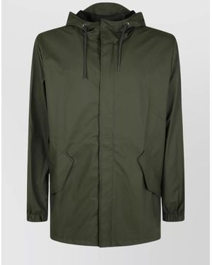 Rains Long Raincoat With Hood And Pockets - Green