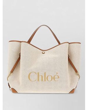 Chloé Canvas Tote Bag Chain Detail Trim Handles - Natural