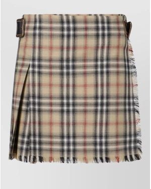Burberry Midi Skirt Buckle Detail Frayed Hem Plaid - Multicolor