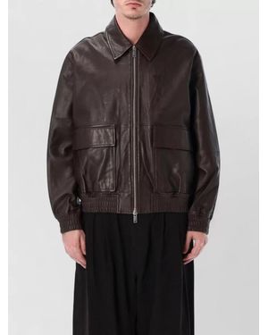 Studio Nicholson Leather Bomber Jacket Collared Elastic Hem - Black