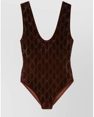 Gucci Crystal Embroidered Bodysuit Scoop Neckline - Brown