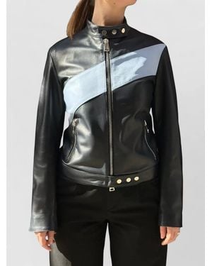 LA ROSE Leather Bomber Jacket Colour Block Design - Black