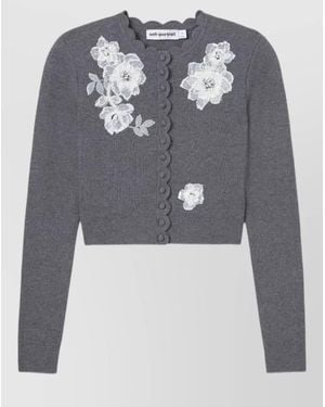 Self-Portrait Cashmere Blend Cropped Floral Appliqué Knit Cardigan - Grey