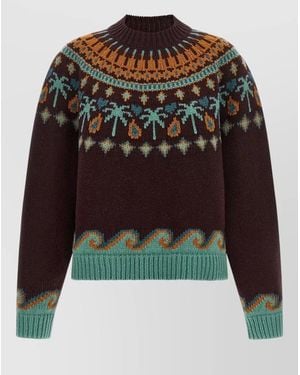 Alanui Virgin Wool Jacquard Knit Ribbed Crew Neck Sweater - Black