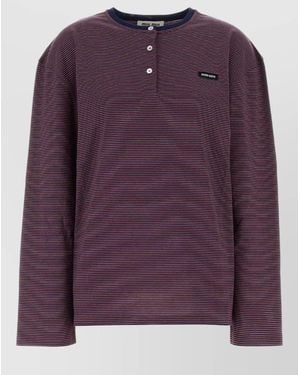 Miu Miu Embroidered Cotton Long Sleeve Lounge T-Shirt - Purple