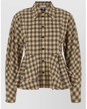 Ganni Checked Flannel Peplum Shirt - Brown