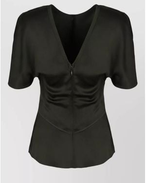 Victoria Beckham Relaxed Blouse Draped Short Puff Sleeves - Black