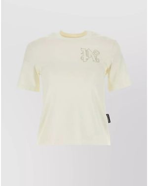Palm Angels Cotton Monogram Embroidered Ribbed Crew Neck Short Sleeve T-Shirt - White