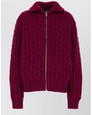 Prada Virgin Wool Chunky Cable Knit Funnel Neck Zip Up Cardigan - Red