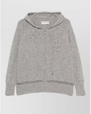 ERMANNO FIRENZE Floral-Embroidered Pointelle-Knit Zip Hoodie - Grey