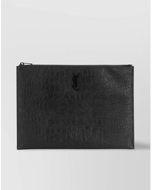 Saint Laurent Sheepskin Crocodile Monogram Textured Matte Clutch - Black