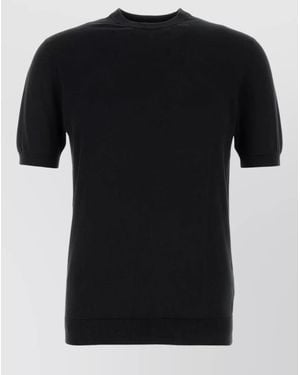 Fedeli Cotton Jumper Short Sleeves Ribbed Trim - Black