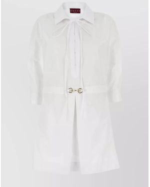 Gucci Cotton Poplin Tie Neck Three Quarter Sleeve Mini Shirt Dress - White