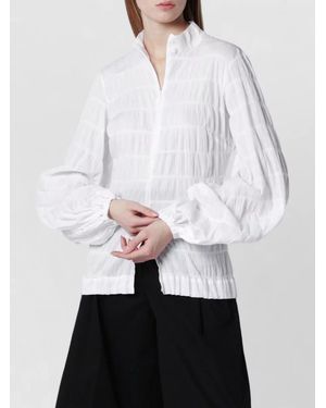 Thelatest Collared Neck Long Sleeve Textured Top - White