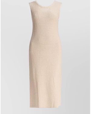 Sandbeige Knit Midi Dress Side Slit Sleeveless - White