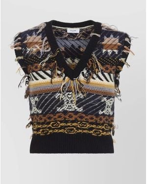Celine Knitwear V Neck Sleeveless Fringe Ribbed Hem - Black