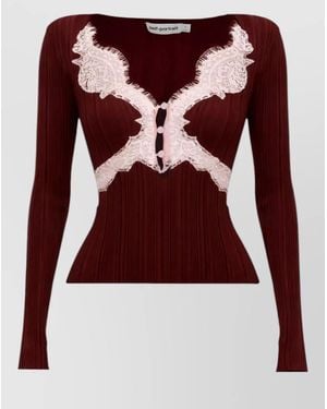 Self-Portrait Fitted Knit Top Lace Long Sleeves - Red