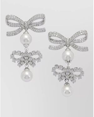 Self-Portrait Bow Crystal Drop Earrings Pearl Accents - Gray