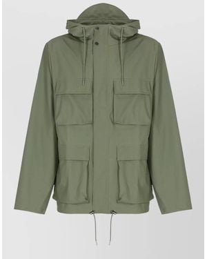 Rains Hooded Waterproof Jacket Long Sleeves Pockets Drawstring - Green