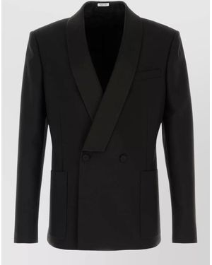 McQueen Wool Blend Blazer Double Breasted Satin Lapel - Black