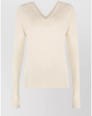 Calvin Klein Wool V-Neck Jumper With Ribbed Knit - Natural