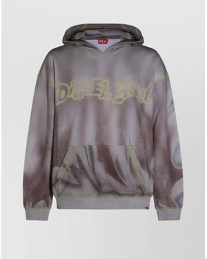 DIESEL Hooded Graphic Print Sweatshirt Front Pocket - Gray