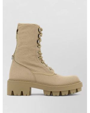 Prada Canvas Lace Up Ankle Boots Chunky Sole - Natural
