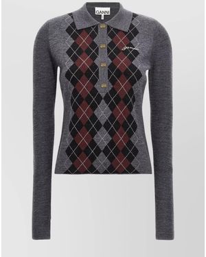 Ganni Diamond Pattern Knit Polo Collar Jumper - Blue