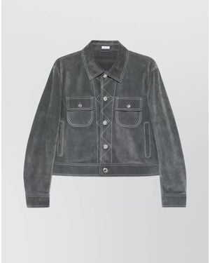 Thom Browne Calf Leather Contrast Stitching Shirt Jacket - Grey