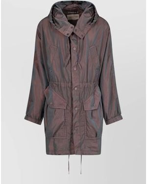 Dries Van Noten Long Hooded Parka Jacket Drawstring Waist - Gray