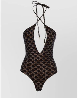 Celine Monogram Deep V-Neck One-Piece Swimsuit - White